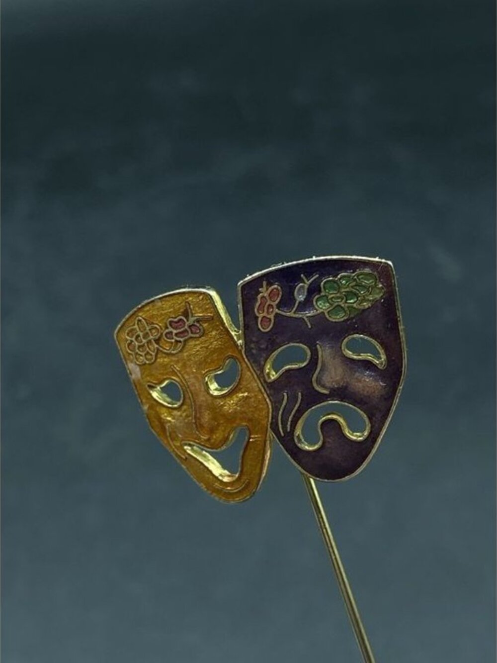 Comedy Tragedy Masks Cloisonné Enamel Stick Pin Vintage - Picture 5 of 9